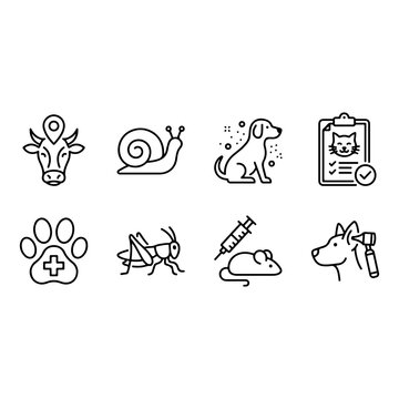 Cow Location, Snail, Dog Grooming, and Veterinary Icons Set Vector Line Art
