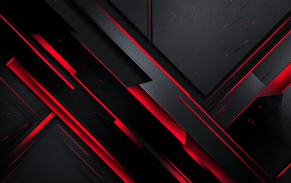 An abstract black and red futuristic background featuring sharp angular geometric shapes, high contrast lighting, dynamic lines, and a modern technology or gaming theme.