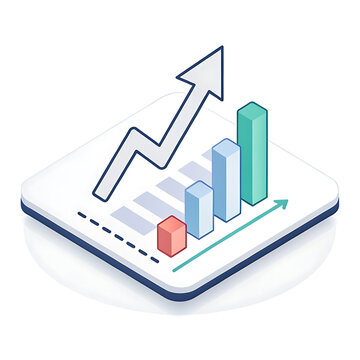 Isometric data chart with rising arrow showing market growth