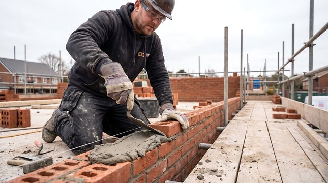 Professional bricklayer building a red brick wall on a construction site, mason worker using a trowel and mortar, industrial building site with scaffolding