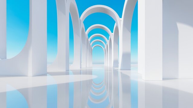 Modern 3D architectural render of white arches corridor on reflective floor under bright blue sky