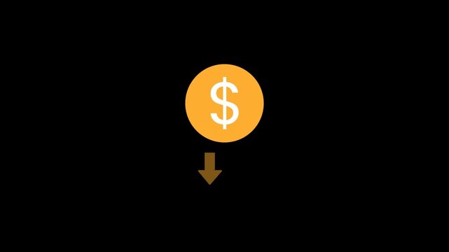 A golden dollar coin above two downward-pointing arrows symbolizes price decline, cost reduction, inflation reduction, financial loss, and discount. 2D animation with 4K resolution and alpha channel.