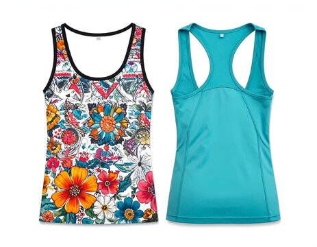 Bright floral print and turquoise racerback athletic tops.