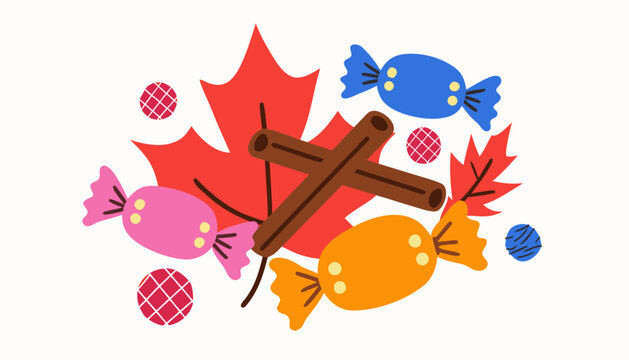 Festive autumn flat illustration featuring colorful wrapped candies and cinnamon sticks with maple leaves with playful seasonal composition showcases vibrant flat