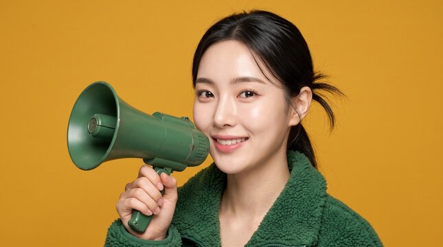 Happy woman holding a green megaphone against a yellow background