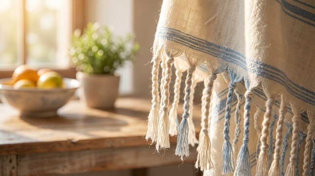 Prayer shawl fringe close up showing the white and blue wool threads of a tallit. This religious garment is worn during prayer services for the Jewish High Holidays.