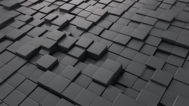 Abstract 3D rendering of dark gray cubic blocks in a dynamic grid structure with varying heights creating a modern minimalist geometric background pattern