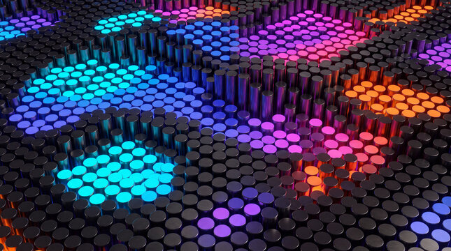 Glowing pixel grid of illuminated cylinders in neon color blocks