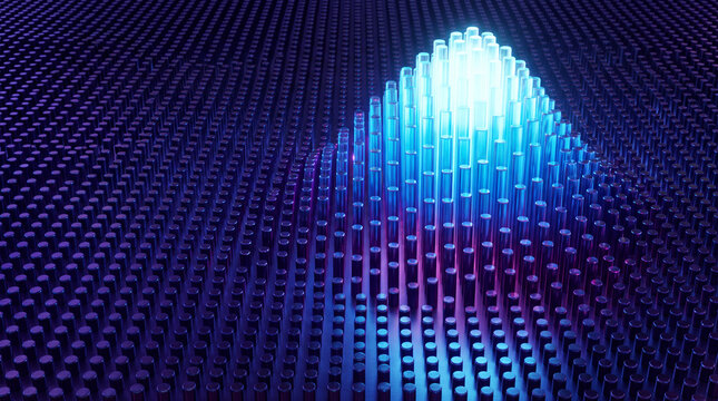 Illuminated pin array forming a glowing mountain silhouette