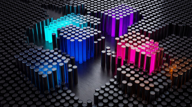 Raised cube clusters glowing across a digital pin landscape