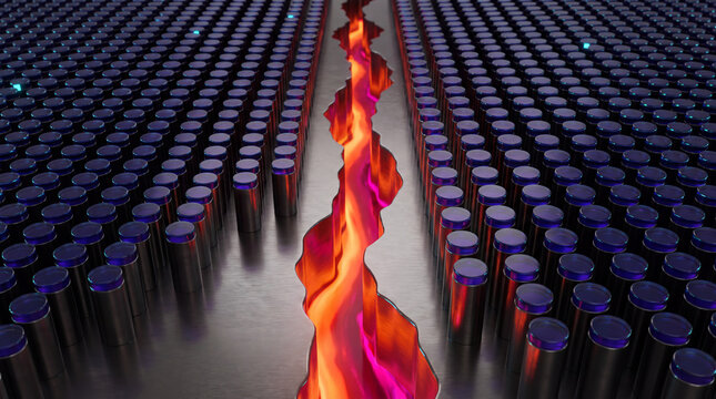 Flame-like glow streaking through a dark cylinder pin grid