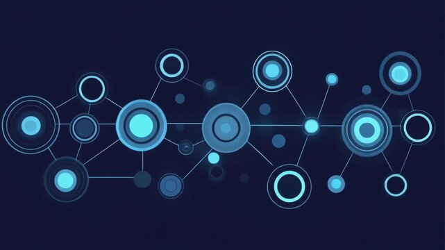 Abstract digital network structure with blue connected glowing circle nodes and lines representing data communication on dark background.