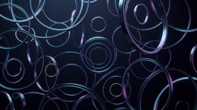 Scattered iridescent rings floating against a dark abstract background