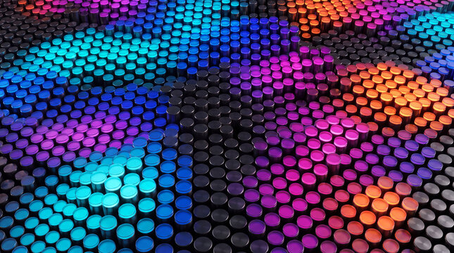 Colorful mosaic of glowing pins arranged in a technology grid