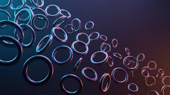Cascading chrome rings flowing diagonally across a dark backdrop