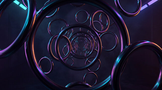 Tunnel of concentric chrome rings receding into darkness