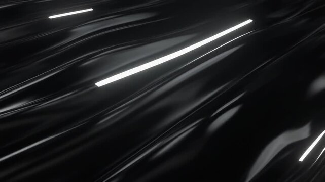 Abstract 3D render of a smooth dark glossy surface with flowing wavy folds and bright white light reflections for modern futuristic background.