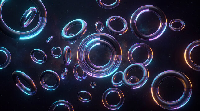 Transparent glass rings floating in a starry abstract scene