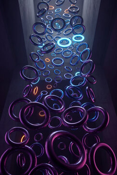 Rings falling through a glowing architectural corridor
