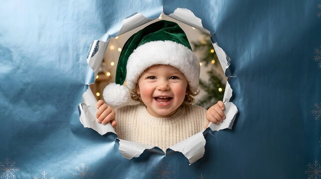 Cheerful holiday character bursting through a torn paper hole showing everyday life