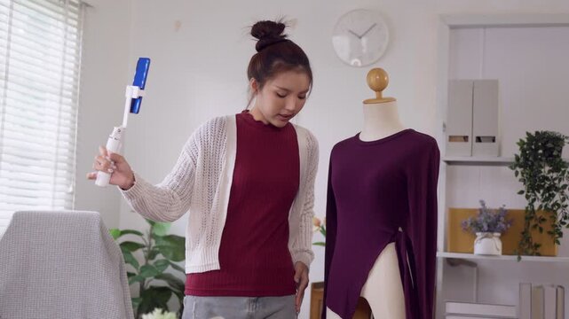 Young Asian fashion entrepreneur examining clothing on mannequin holding garment steamer in bright home studio workspace