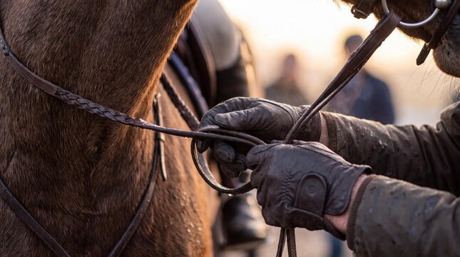 Equestrian Bond: A rider, clad in rugged attire and leather gloves, meticulously adjusts the bridle of a horse, showcasing the intricate connection and care involved in equestrianism.