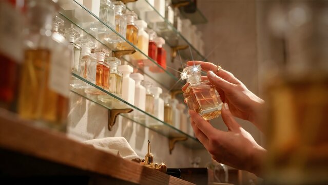 Woman Hand Picking Perfume Bottle from Shelf Display in Boutique Store