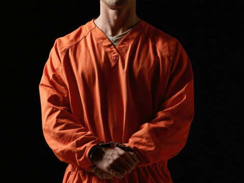 Inmate standing in orange prison jumpsuit with hands handcuffed in front criminal law justice system punishment detention prisoner captive suspect isolated on black background shot