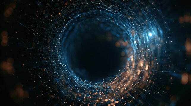 Abstract digital network tunnel with glowing blue and gold light particles connected lines technology background data transmission cyber security big data visual concept background