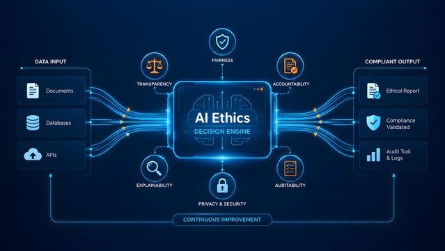 Detailed diagram illustrating the core principles of AI ethics, including data input, a decision engine, and compliant output for responsible artificial intelligence.