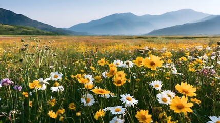 Fototapeta premium A vibrant meadow of yellow and white wildflowers stretches across a valley with distant mountains under a clear sky