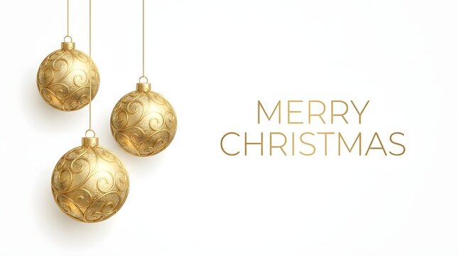 Elegant gold christmas ornaments hanging on strings with merry christmas text on white background