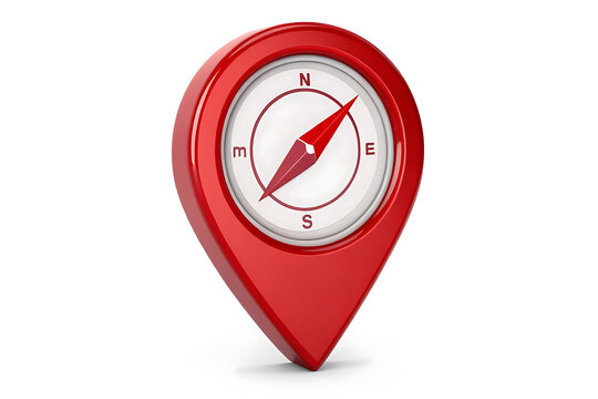 3D red map pin icon with compass inside location navigation