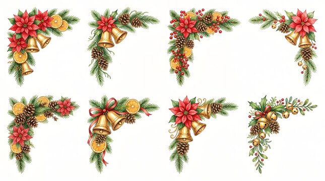 Set of decorative christmas corner arrangements with poinsettia flowers and golden bells on white background