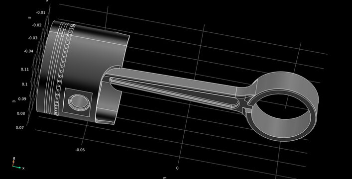 Piston and connecting rod of motorcycle, car engine.
Engineering 3d modeling. Technical machine
computer cad analysis of steel mechanical part. 
Technology mechanic design of machine building industry