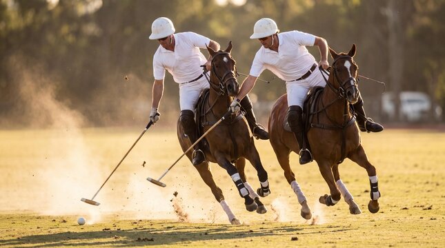 Polo Match Intensity: Two polo players on horseback, dressed in pristine white uniforms and helmets, charge across a sun-drenched field, their mallets poised to strike the ball.