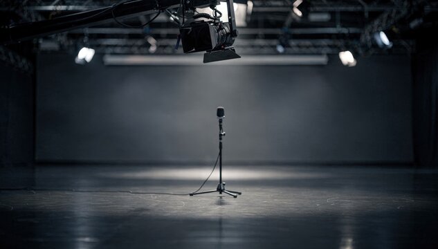Empty studio set viewed through a robotic camera on a ceiling track focusing on a solo microphone stand while the rest of the scene is blurred.