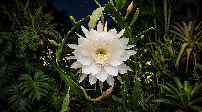 Blooming Night Blooming Cereus Flower in Darkness.