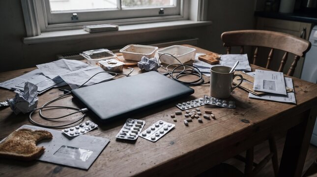 Overwhelmed Workspace: A cluttered desk strewn with papers, pills, and a half-eaten toast depicts the chaotic reality of a stressed individual trying to manage multiple responsibilities.