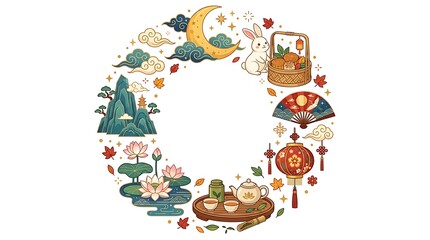 Fototapeta premium Mid-autumn festival round floral border with moon and rabbit tea set festival