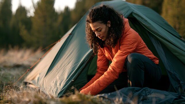 A woman in an orange jacket is setting up a green camping tent in a forested area during golden hour