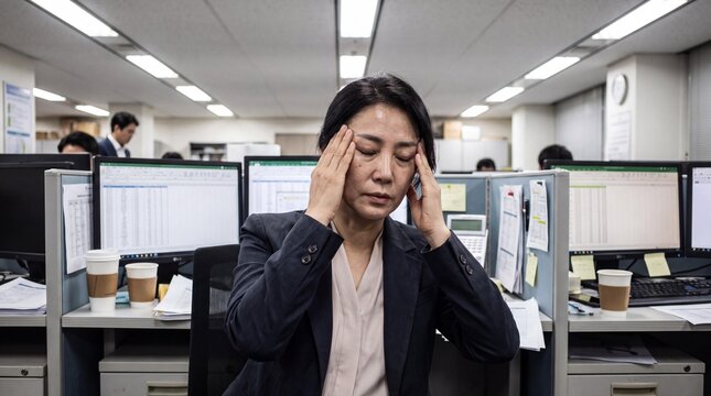 Frustration in the Workplace: A woman in a business suit rubs her temples, her face etched with stress and exhaustion, amidst a typical office environment filled with cubicles and computer monitors.
