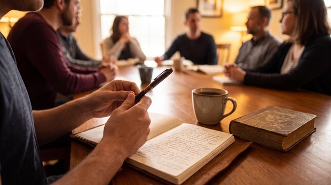 Shared Understanding: A group of individuals gathered around a wooden table, engaged in deep conversation, fostering a sense of community and shared purpose with books and coffee cups on the table.