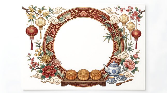 Mid-autumn festival decorative frame with mooncakes and tea set, traditional foo
