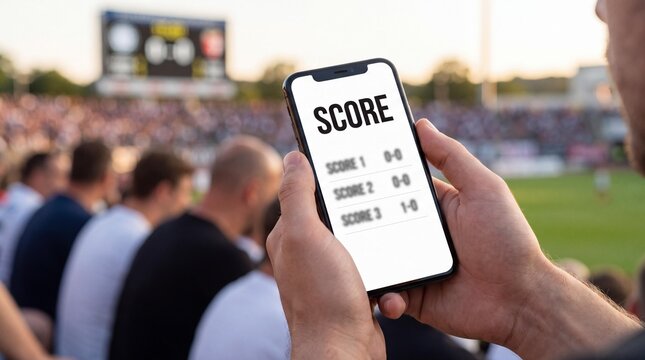 Digital Scoreboard: A fan in the stands holds up a smartphone displaying real-time game scores, reflecting the intersection of sports and technology for avid followers.