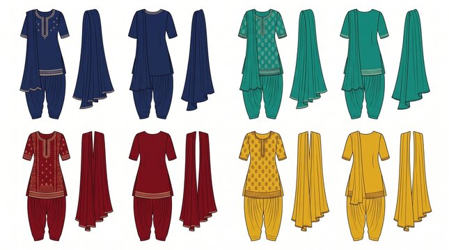 Modern Patiala Suit Vector Drawing Front Back View Collection