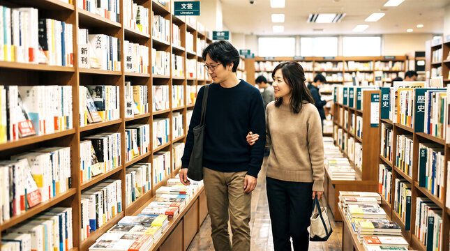 本棚の前を腕を組んで歩く仲良し夫婦