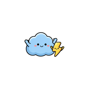A cute pixel art style blue cloud character holding a happy yellow lightning bolt isolated on transparent background