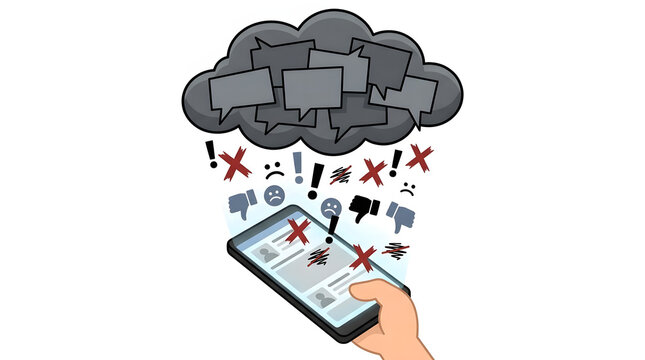 Hand holding smartphone receiving negative social media comments and cyberbullying messages