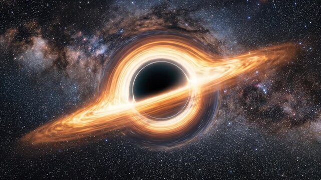 Black hole, swirling accretion disk, gravitational singularity attracting cosmic matter energy, supermassive collapse generating radiation near event horizon, vast universe galaxy spacetime.